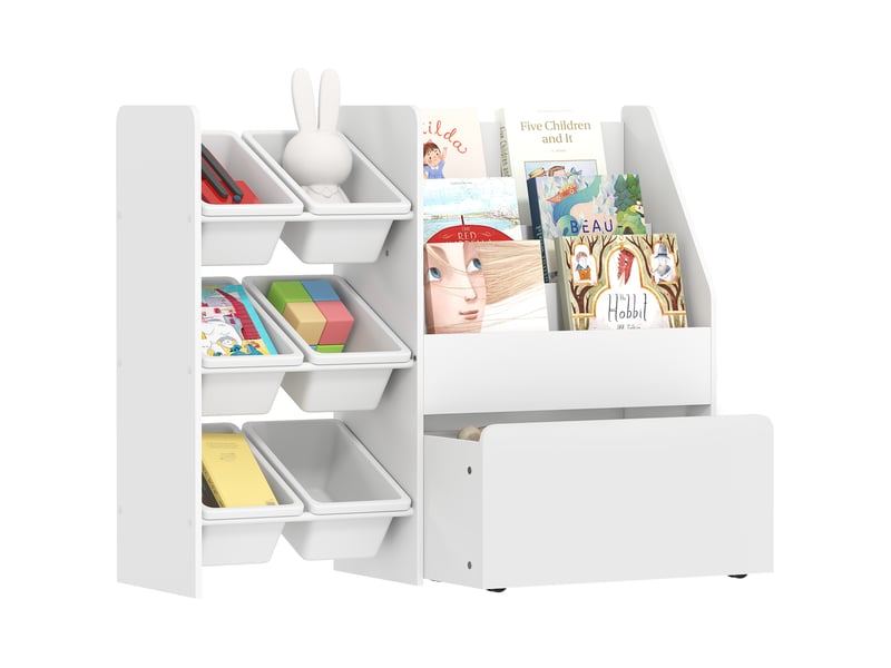  Meuble rangement enfant rangement jouet enfant 6 bacs amovibles et grand coffre à roulettes 100 x 30 x 80 cm blanc  - Conforama A