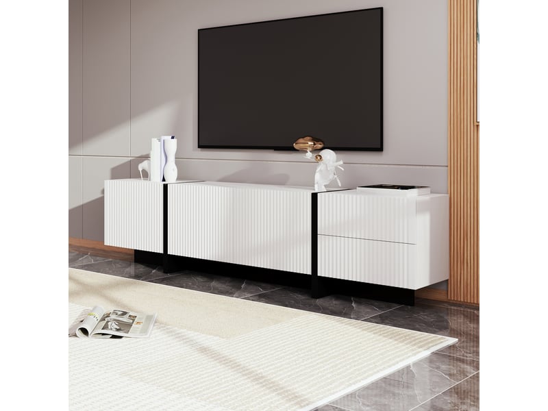  Meuble tv 190 x 35 x 45 cm, 3 portes et 2 tiroirs, façades rainurées, fermeture amortie, blanc et noir, en mdf, rangement pour salon CARDUME ESTIVAL - Conforama B