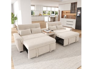 Canapé convertible u 284x138x89 cm, dossier inclinable, double couchage relevable, deux porte-gobelets, tissu, beige