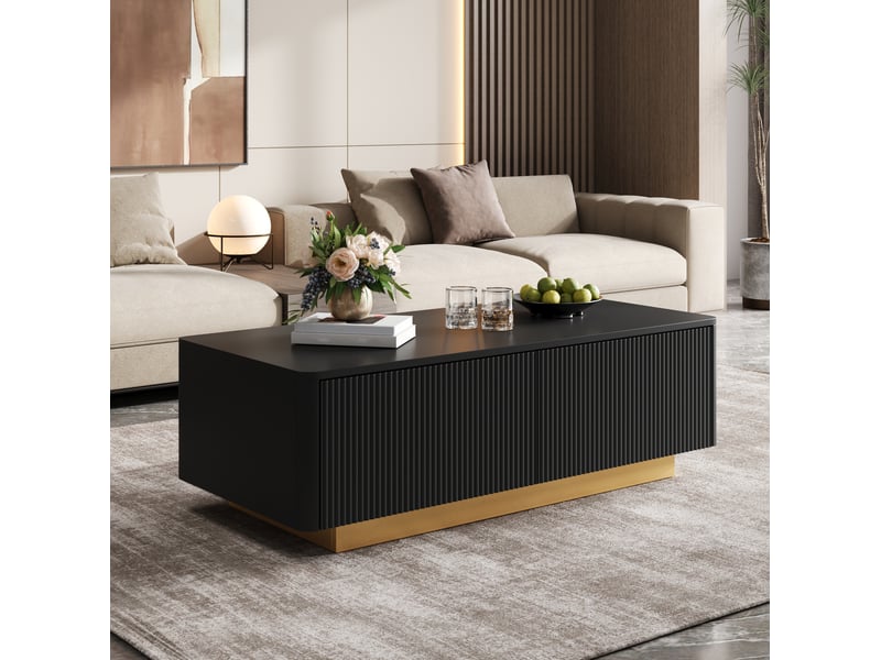  Table basse avec 2 tiroirs et niches ouvertes, façade rainurée, pour salon, en mdf, noire, 110 × 50 × 35 cm  - Conforama B
