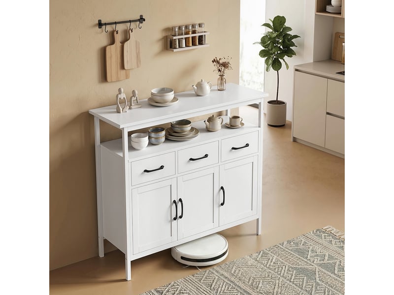  Buffet cuisine, meuble de rangement, 3 portes, 3 tiroirs, compartiment ouvert et étagères réglables, blanc, 95x35x88cm  - Conforama D
