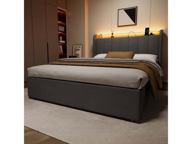  Lit coffre 140×200 cm, veilleuse LED, prise et coffre de rangement, lit simple avec grand espace de rangement, sans matelas - gris foncé  - Conforama C
