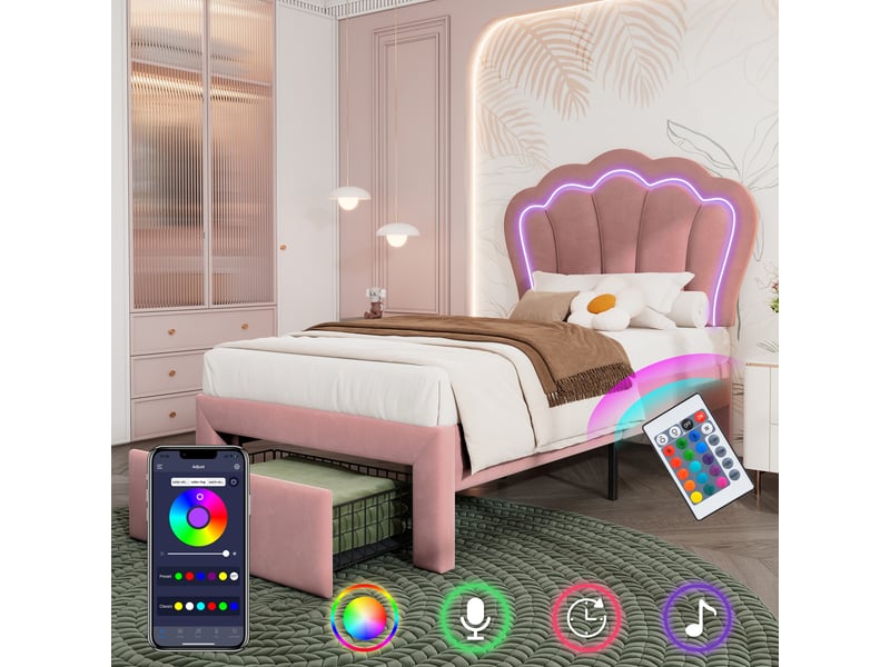  Lit enfant simple led 90x190cm avec tiroir à roulettes, structure en bois, velours, rose, sans matelas  - Conforama B