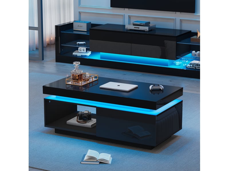 Meuble tv mural tcqpz avec table basse led 181 x 38 x 38 cm noir panneaux de particules finition brillante  - Conforama D