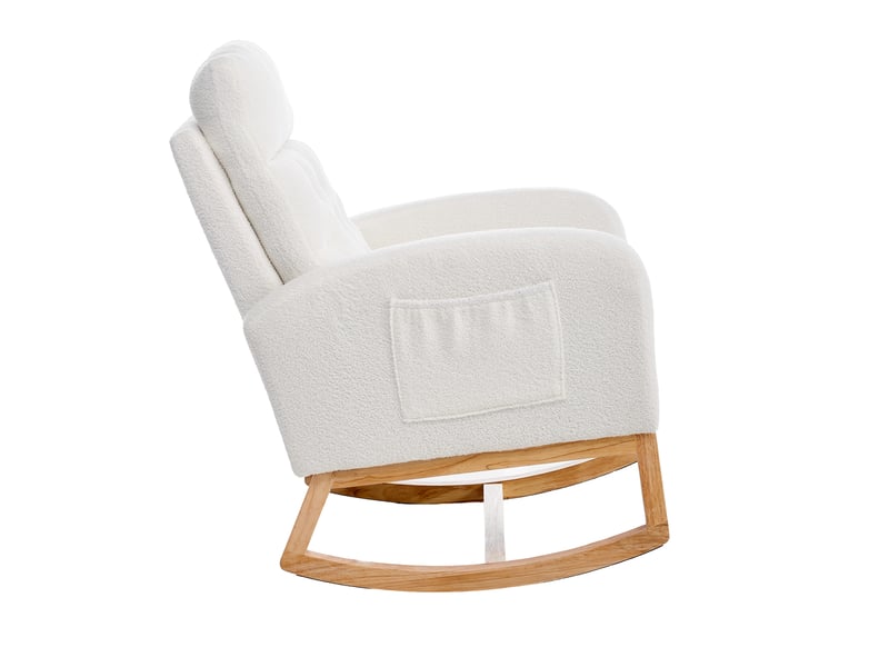  Fauteuil à bascule avec repose-pieds télescopique et poches latérales en bouclé et bois blanc, 65,6 × 123 × 102 cm  - Conforama A