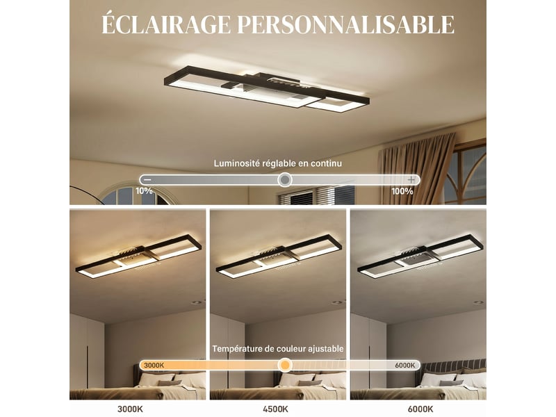  Plafonnier led rectangle 43w, luminaire plafonnier 3000-6000k, 4600lm, télécommande, 70 x 30 cm, noir  - Conforama D