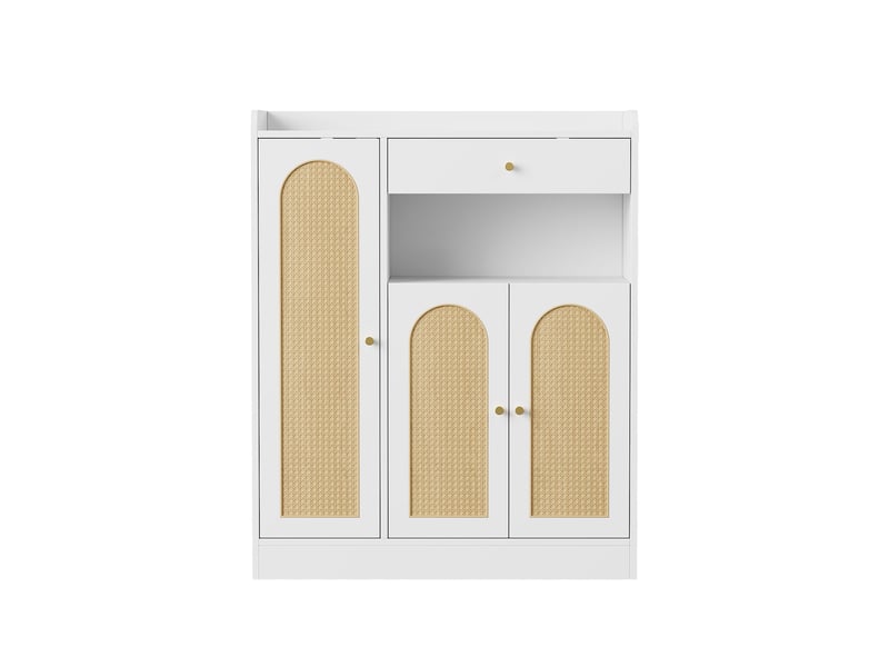  Meuble à chaussures 90x35x110 cm avec 3 portes effet cannage, 1 tiroir et étagères réglables - Blanc et naturel Fay Lum - Conforama E