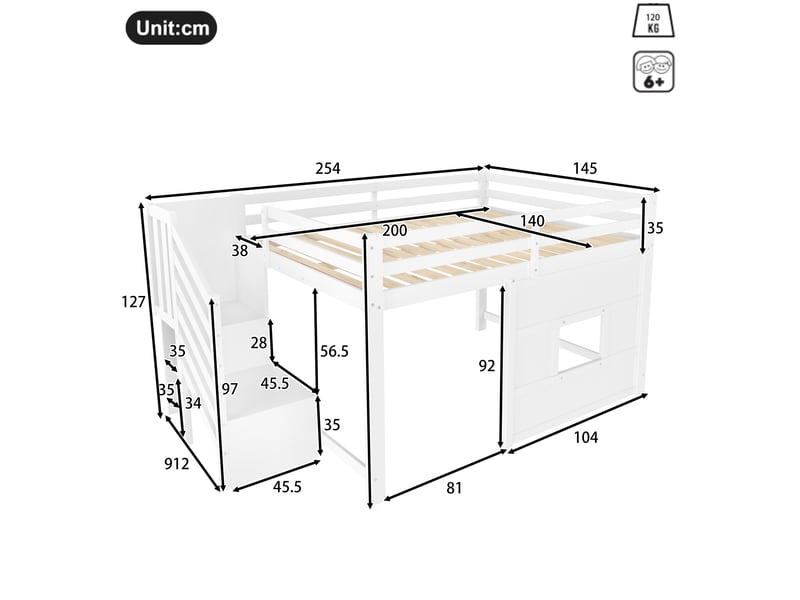  Lit mezzanine 140x200 cm coloris blanc led pin lit enfant blanc - Conforama C