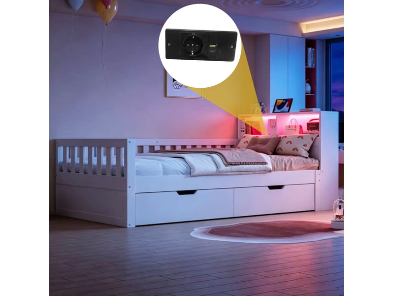  Lit 1 place, 90x200 cm, avec rangements, led, prises, barrières de sécurité, matelas non inclus, bois, coloris blanc  - Conforama E