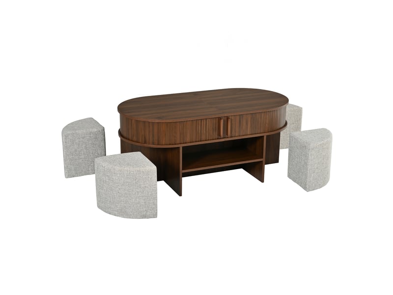  Table basse ovale avec 2 portes coulissantes et poufs coloris noyer 120 cm GL9678N - Conforama B