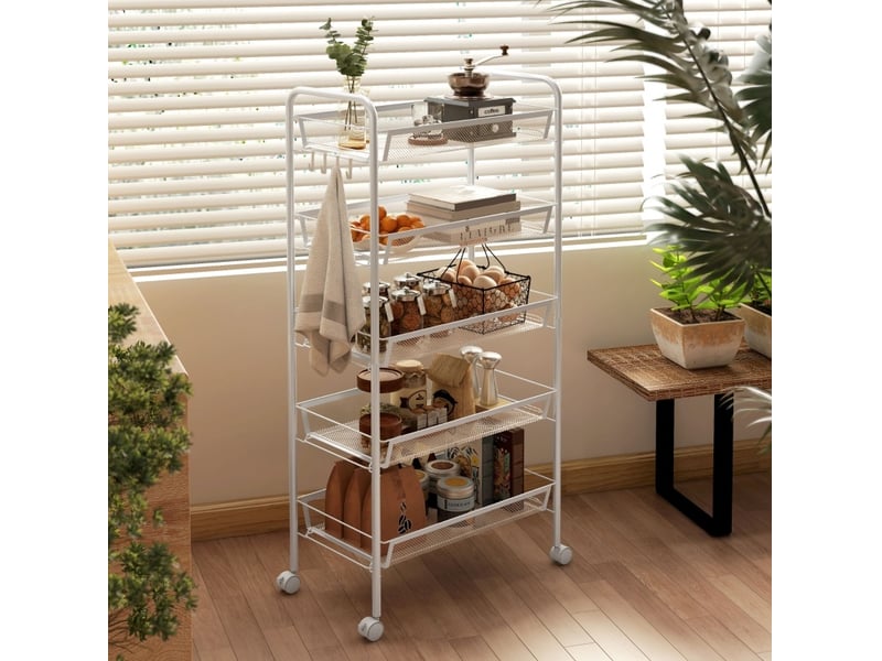 Desserte de cuisine 45 x 26,5 x 106 cm blanche en acier, 5 paniers, roulettes freinées et 4 crochets - Conforama E