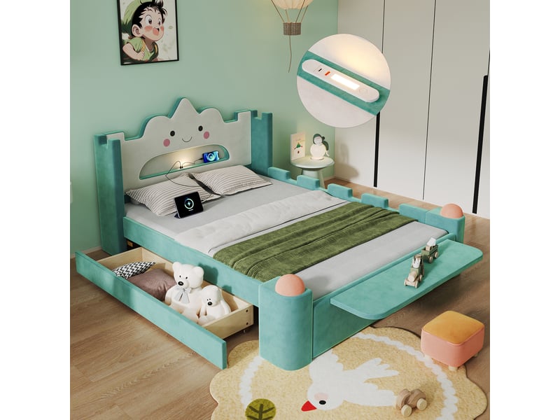  Lit double 140x200 cm, lit rembourré, tiroirs, étagères, barrière antichute, led, port usb, velours bleu et vert  - Conforama A