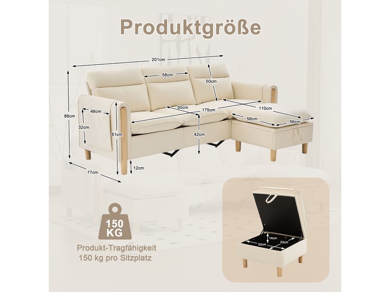  Canapé d’angle réversible 3 places avec pouf de rangement  - poches latérales, chenille beige  - Conforama D