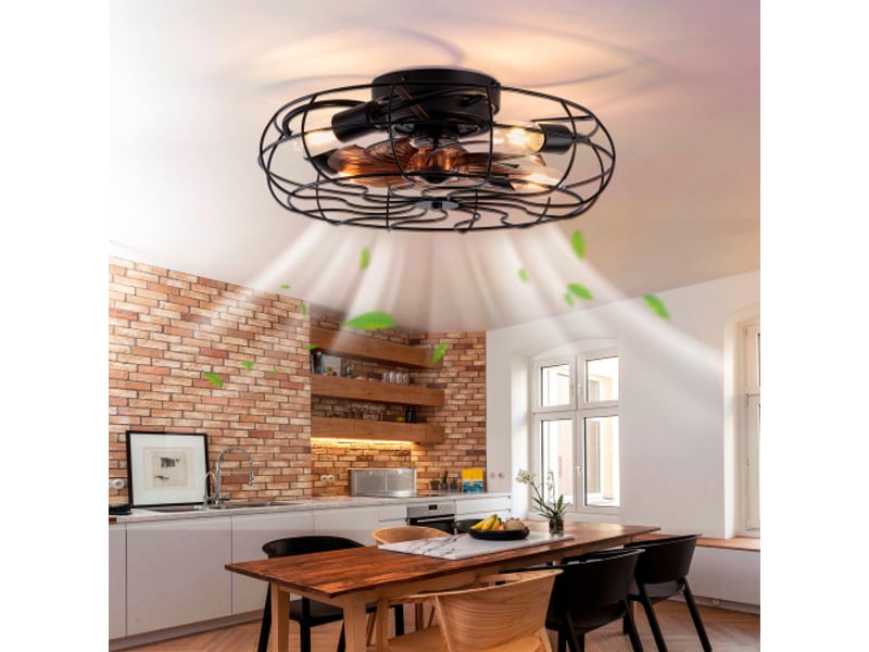  Ventilateur de plafond cage avec lumière 19 pouces, 6 vitesses, moteur réversible, télécommande, en métal noir et noyer  - Conforama B