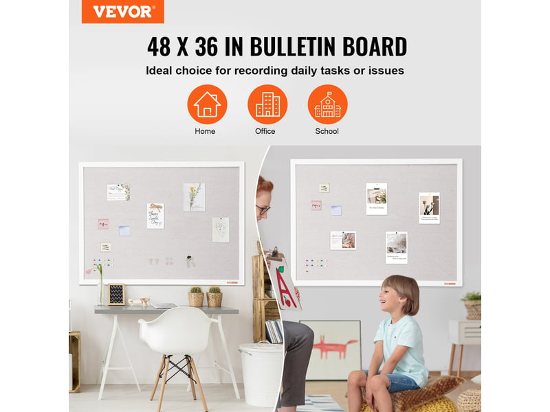  Vevor tableau liège blanc, surface lin 1200x900mm, cadre bois, mural.  - Conforama B