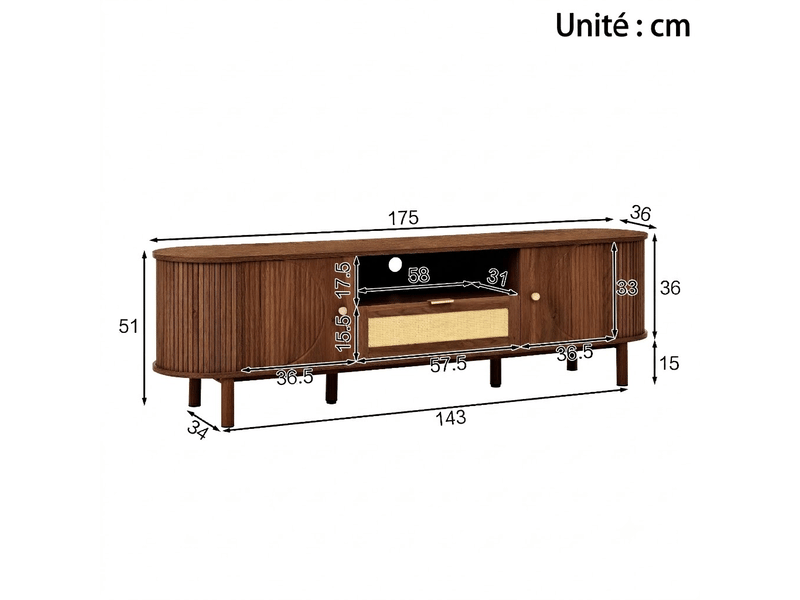  Meuble tv moderne en mdf – finition noyer, rangement et niche ouverte – 175 x 36 x 51 cm  - Conforama D