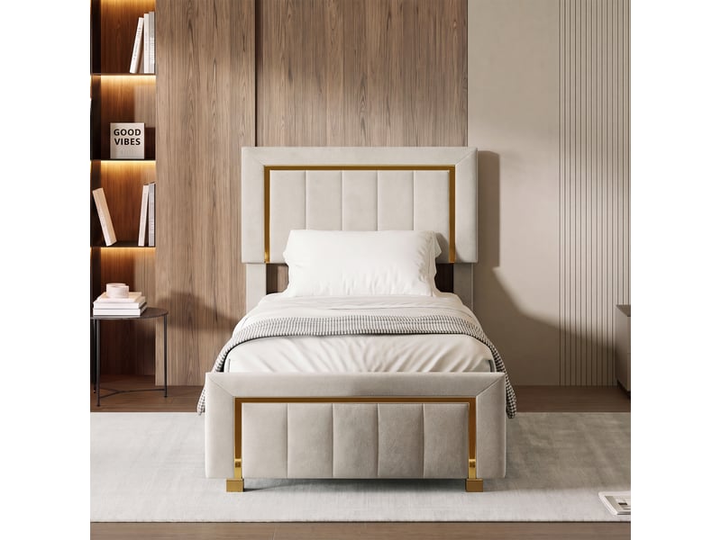  Lit simple capitonné,90 x 200 cm,avec espace de rangement,cadre en bois,revêtement en velours,beige  - Conforama D