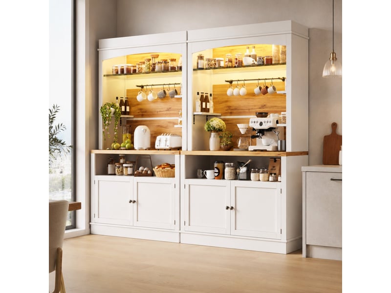 Buffet de cuisine haut lot de 2 avec étagère en verre, 6 crochets et led multicolore pour cuisine 107×34×184 cm blanc - Conforama B
