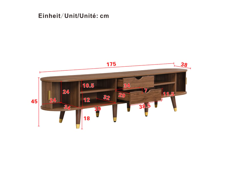  Meuble tv campagne, finition noyer, 2 tiroirs, 4 étagères ouvertes, 2 placard avec portes rotin, gestion des câbles, 175x38x45cm  - Conforama W