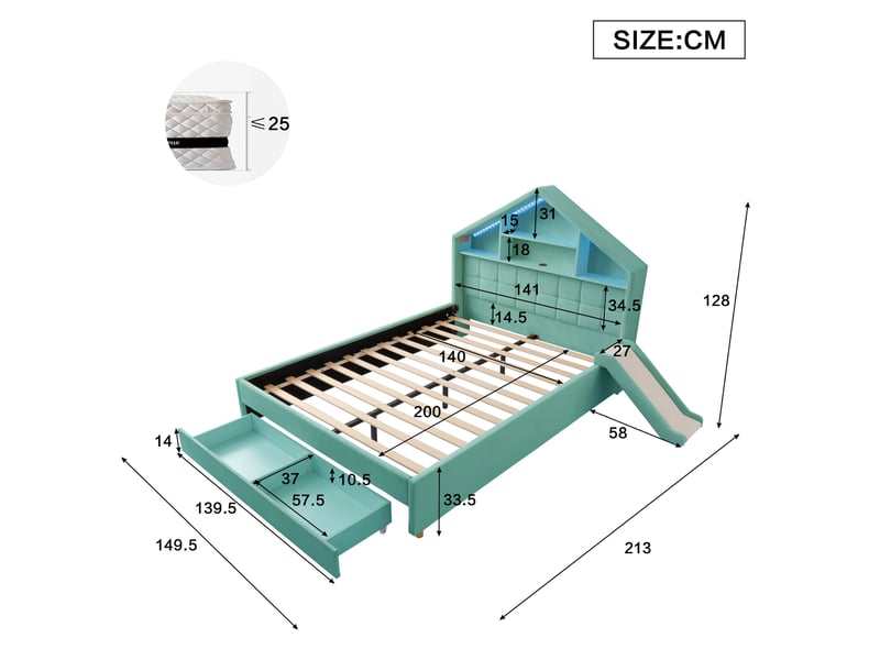  Lit cabane enfant rembourré 140x200 cm, toboggan réversible, grand tiroir, tête de lit avec étagères, led, port de charge, velours bleu-vert Radiant Stride - Conforama C