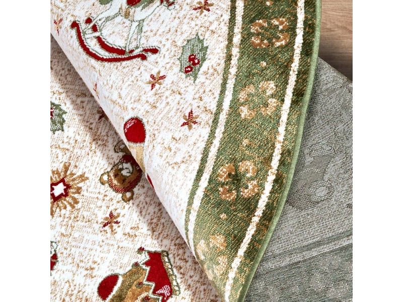 Tapis rond pour salon ou chambre enfant 160x160 couleur vert, beige, rouge motif fêtes de noel 1, tapis kilim fin et original  - Conforama C