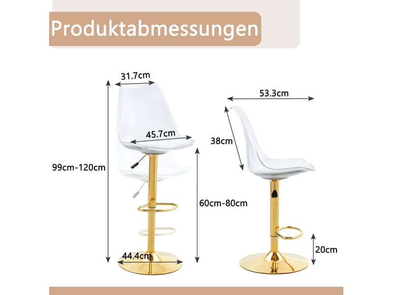 Tabouret de bar lot de 2 pivotants avec dossier transparent, assise en pu et repose-pieds, métal doré  - Conforama D