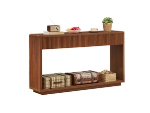 Table console 150x35x85 cm coloris noyer avec 2 tiroirs et rangement