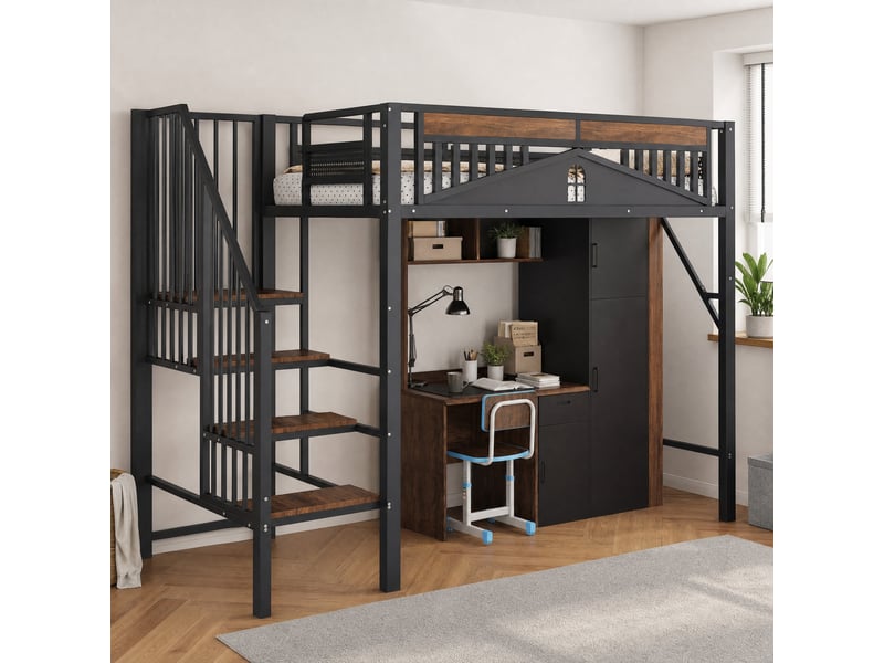  Lit mezzanine métal 90 x 200 cm avec échelle sécurisée et rangement, noir  - Conforama B