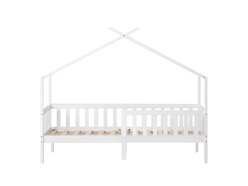 Lit cabane enfant 90x200cm bois pin massif blanc avec barrières - lit enfant - design maison toit triangle fsc sécurisé sans matelas - Conforama E