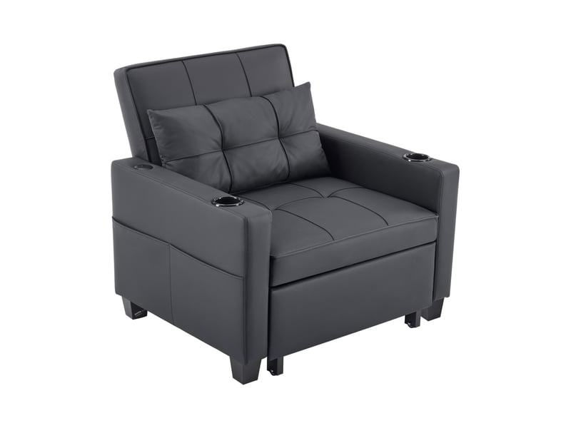 Fauteuil convertible 1 place noir en cuir régénéré, usb et porte-gobelets, idéal pour les petits espaces - Conforama A