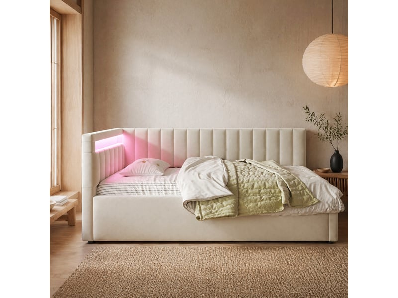 Lit coffre 90x200 cm en velours beige avec led et sommier à lattes  - Conforama D