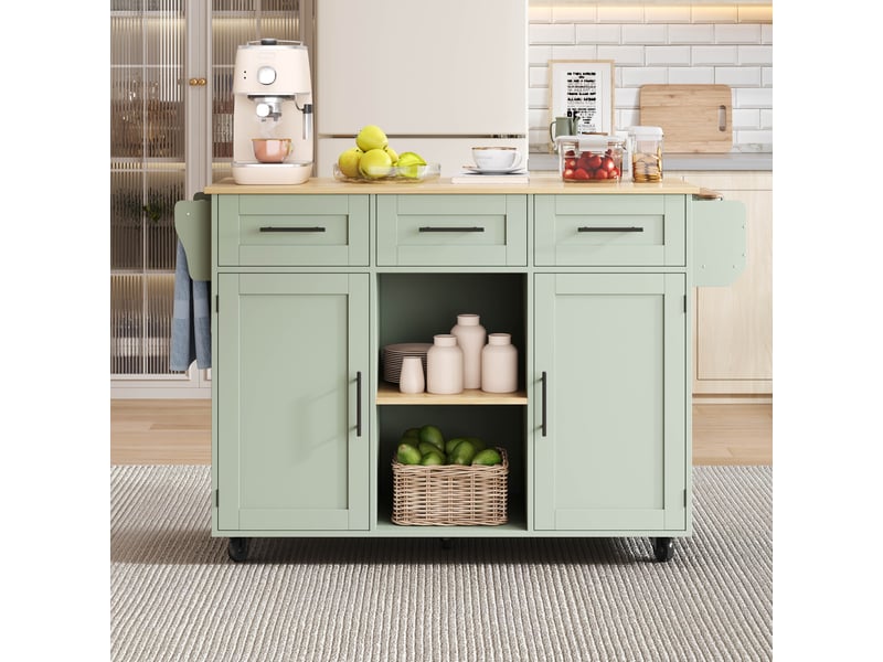 Îlot de cuisine vert antique desserte sur roulettes avec plateau rabattable 139cm chariot de rangement mdf - Conforama E