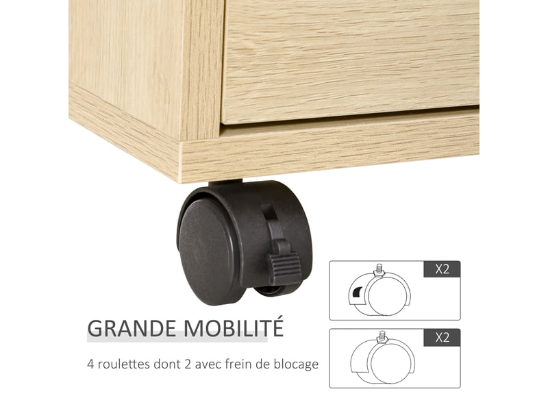  Caisson de bureau, rangement bureau sur roulettes, naturel, 4 tiroirs coulissants en bois  - Conforama E