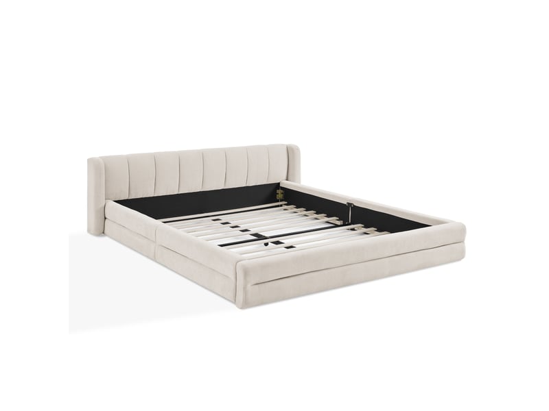  Lit double 160x200 cm en tissu chenille beige, tête de lit confortable et structure métal-bois, sans matelas  - Conforama A