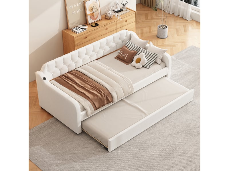  Canape lit 90x200 cm avec lit gigogne à roulettes, lit enfant avec prise usb, cadre de lit 2 personnes en beige  - Conforama C