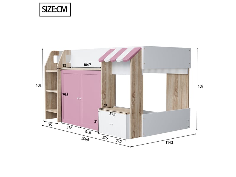  Lit mezzanine enfant 90x200 cm – blanc et rose – échelle large, rangements sous le lit – sans matelas  - Conforama C
