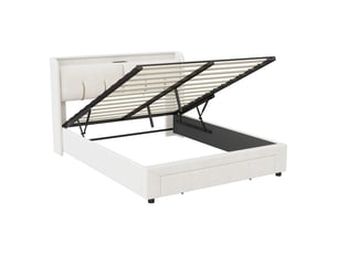 Lit coffre 2 places 140x200 cm, lit adulte avec rangement, ports usb, led, tiroir, velours blanc
