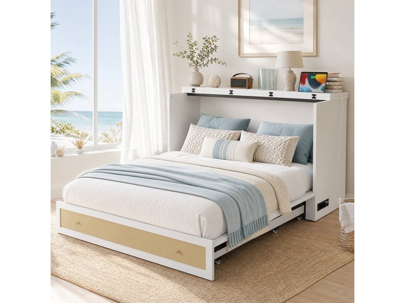  Lit escamotable 140x200 cm avec rangement, usb et prise blanc  - Conforama B