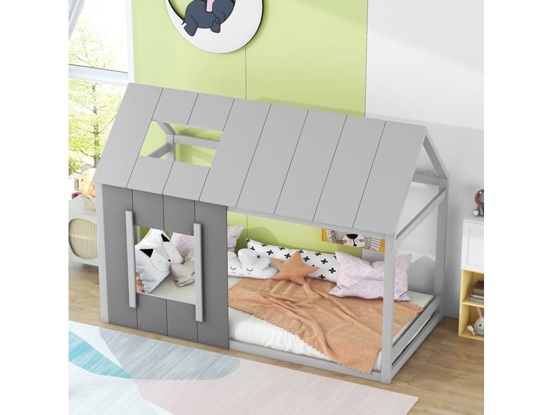  Lit simple enfant 90x200cm, lit cabane, design maison, lit en bois, gris foncé + clair  - Conforama E