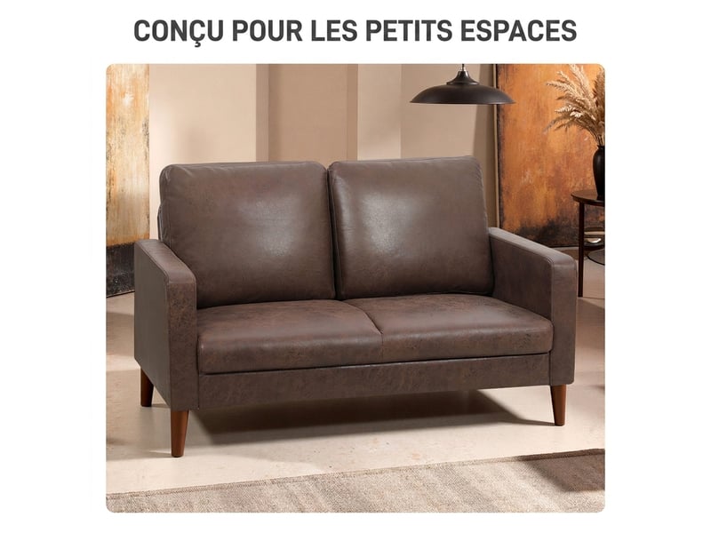 Canapé 2 places canapé de salon 130 cm, tissu en microfibre, coussin à ressorts et pieds en bois d'hévéa, marron foncé - Conforama R