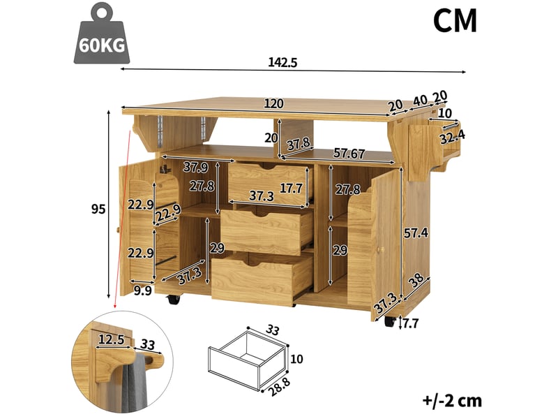 Desserte de cuisine mobile avec plateaux rabattables, 2 portes, 3 tiroirs et roulettes freinées en mdf marron naturel - Conforama C