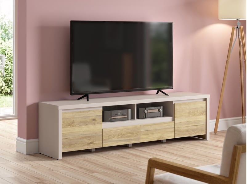Meuble tv avec 2 portes et 2 tiroirs coloris cachemirechêne mauvella - longueur 182 x profondeur 40 x hauteur 49 cm - Conforama B