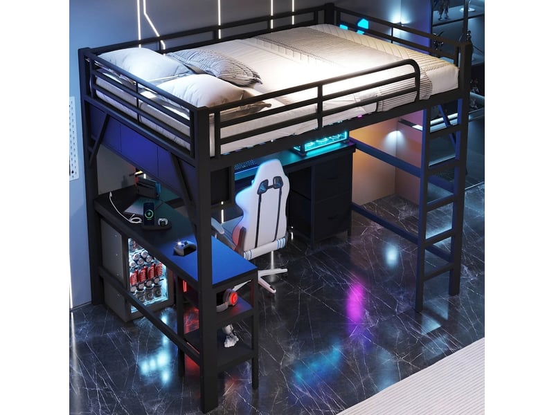  Lit mezzanine métal 140x200 avec bureau et étagère, led, usb, lit surélevé gain de place, noir  - Conforama C