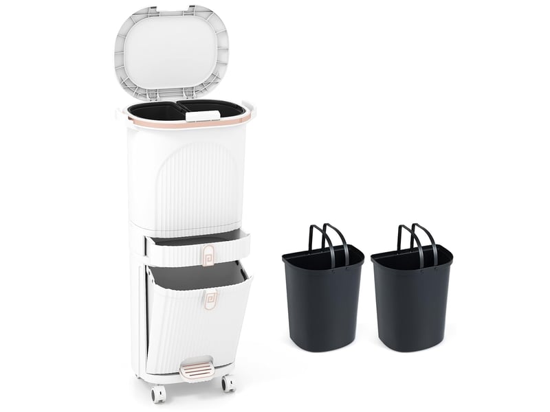  Poubelle cuisine 42 l, poubelle de recyclage verticale avec roulettes, 3 bacs amovibles, 1 tiroir et crochets, conteneur en polypropylène  - Conforama A