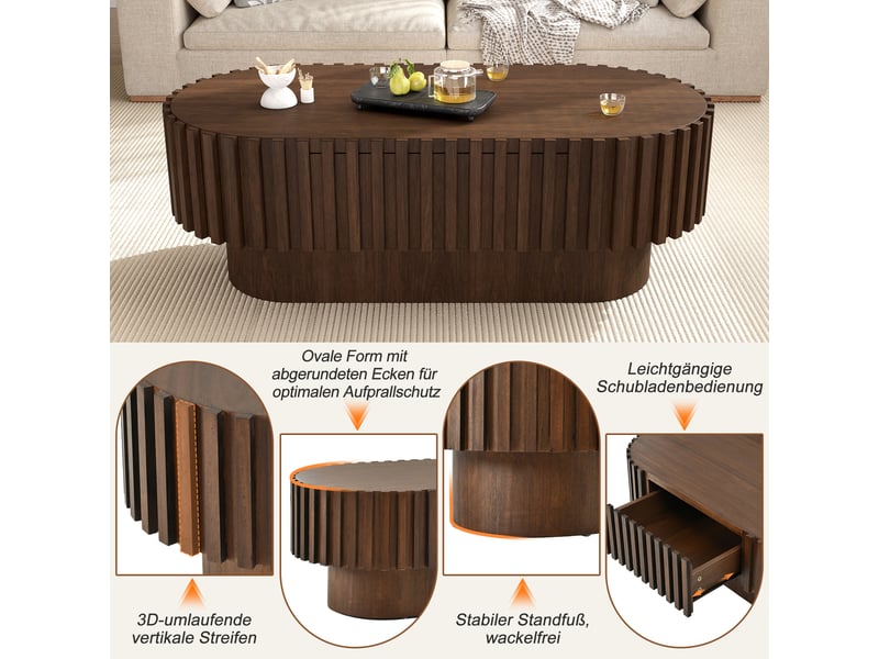  Table basse ovale en bois, bois foncé 100×50×35,5 cm, avec tiroir et décor à lattes verticales, charge de 20 kg  - Conforama E