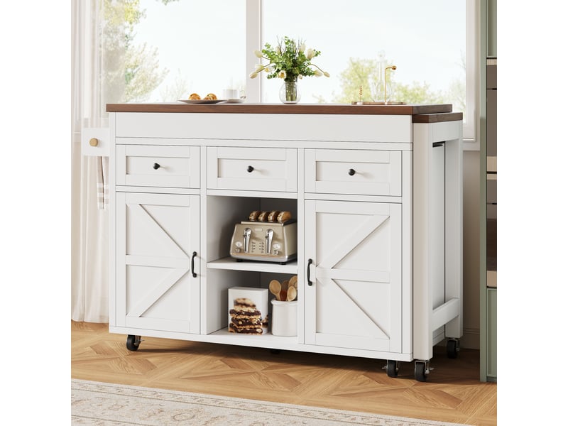  Îlot de cuisine extensible (131,5-210 cm) avec table pivotante à 360°, meuble de rangement avec tiroirs et placards, couleur blanche  - Conforama E