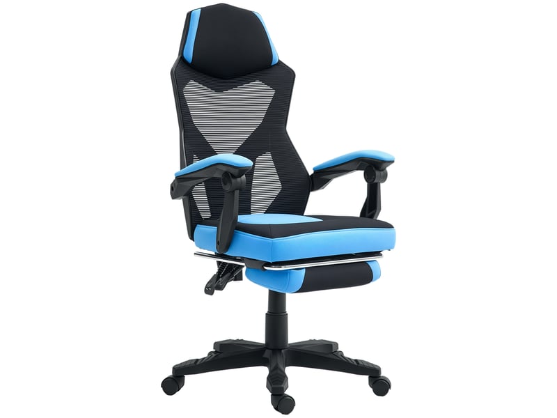  Chaise gaming avec repose-pieds, hauteur réglable, dossier inclinable 135°, bleu et noir  - Conforama A