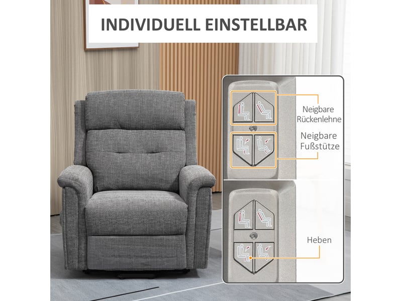 Fauteuil relax électrique releveur avec dossier inclinable, repose-pieds et poches latérales en polyester gris - Conforama D