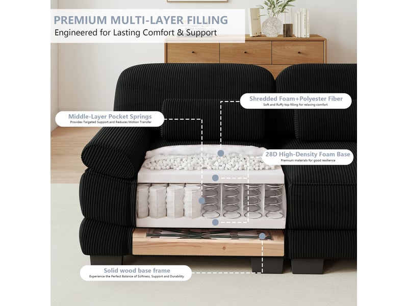  Canapé droit modulable 2 places 194x88.5x94 cm en velours côtelé noir  - Conforama R