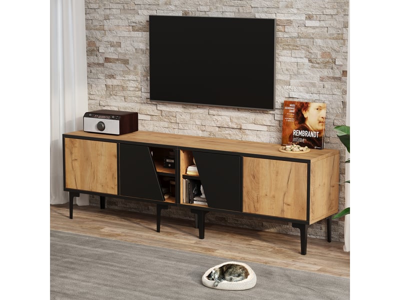  Meuble tv 160 cm pour écran 65 pouces avec 4 rangements, bois naturel et noir  - Conforama D